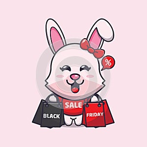 Cute bunny with shopping bag in black friday cartoon illustration.