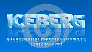 Iceberg alphabet font. 3D cartoon ice letters and numbers with reflections.