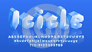 Icicle alphabet font. 3D cartoon ice letters and numbers.