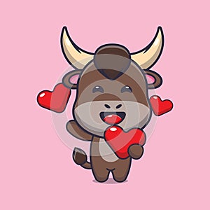 Cute bull cartoon character holding love heart in valentines day.