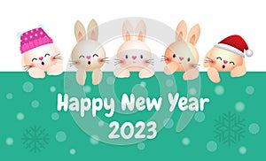 Happy New Year 2023, group of cute funny bunny rabbat holding sign board banner template, Xmas holiday party vector,