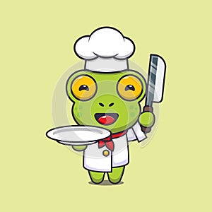 Cute chef frog mascot cartoon character with knife and plate.