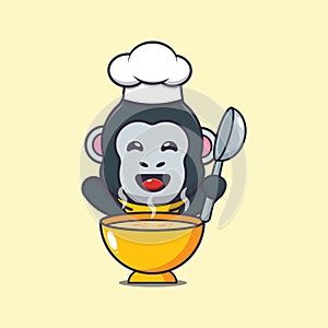 Cute chef gorilla mascot cartoon character with soup. photo