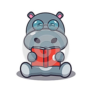 Cute hippo reading a book cartoon vector illustration.