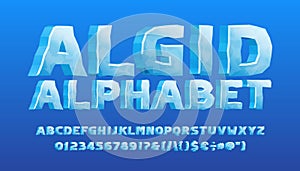 Algid alphabet font. 3D cartoon ice letters, numbers and symbols.