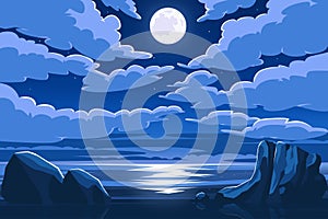 Sea ocean scenery at night with full moon and cloud background vector