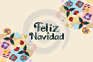 Translation: Merry Christmas. Feliz Navidad vector text Calligraphic Lettering design card template.