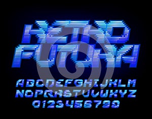 Retro Futura alphabet font. Neon colors letters and numbers. photo