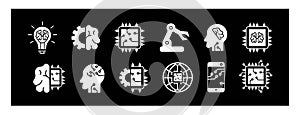 robot set of artificial intelligence vector illustration on black background.