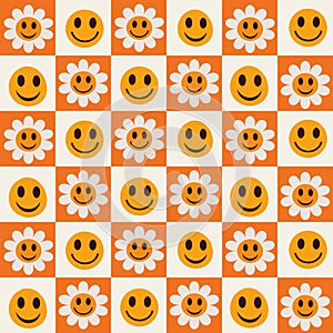 Checkered smiley faces and retro smiley flowers seamless pattern on white and orange squares.