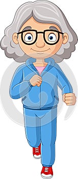 Cartoon grandma jogging on white background