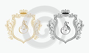 Crown Wedding Crest Monogram. Elegant Royal Emblem Logo for Wedding, Restaurant, Boutiques. AS initial wedding logo.