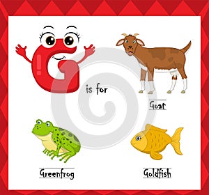 Letter g vector, alphabet g for goat, greenfrog, goldfish animals, english alphabets learn concept.