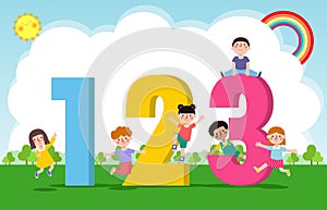 Cartoon kids with 123 numbers, children with Numbers isolated poser background Vector Illustration photo