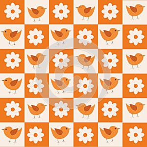 Checkered cute birds and flowers on orange and white squares seamless pattern.