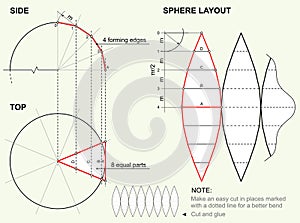 Unfolding 3D ball figure. Descriptive geometry, scheme for sphere layout. Unwrapping globe shape. Vector photo