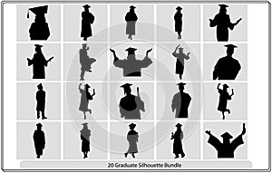 Graduates Celebrating silhouettes in different poses,Happy graduate students with graduating caps and diploma or certificates,