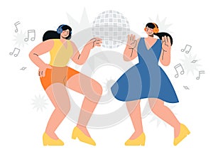 Dancing women in headphones. Music lovers and freetime spending. Flat vector minimalist illustration with people