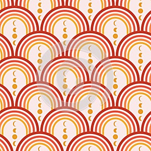Abstract art deco rainbows in red, orange and yellow seamless pattern with golden moon phases.