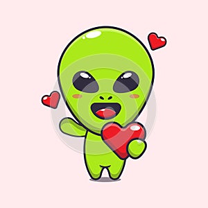 Cute alien holding love heart at valentine's day cartoon vector Illustration.