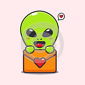 Cute alien with love message cartoon vector Illustration.