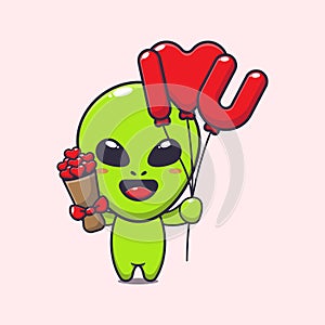 Cute alien holding love balloon and love flowers cartoon vector Illustration.