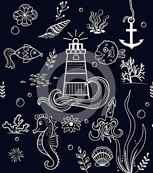 Marine summer seamless pattern hand drawing kids fabric wallpaper dark blue background wall illustration design