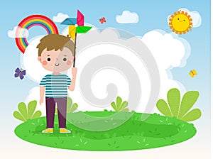 cute little kid playing with a colorful windmill toy flat style child playing, Template for advertising cartoon character design