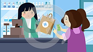 a woman paying with credit card in a pharmacy