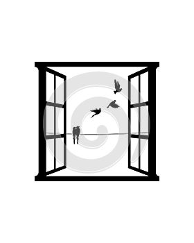 Window illustration and flock of birds on wire, vector