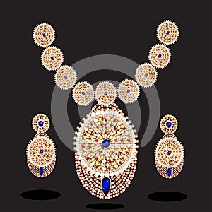 illustration of a Golden necklace female with blue precious stones.