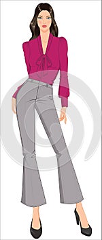 Women Croquis in Smart Uniform Fir and Flare Pants with Pussy Bow Top