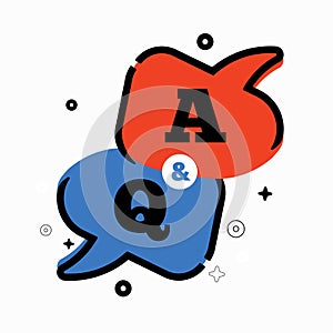 Question and answer, q and a letter in thin black line, solid, and blue and yellow speak bubble.