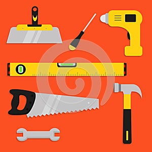 Set of construction tools. Hammer, saw, tape measure, screwdriver, hammer.