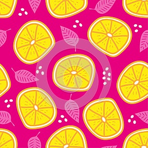 Lemon pattern - hand drawn lemon slice and levaes isolated on pink backgound photo