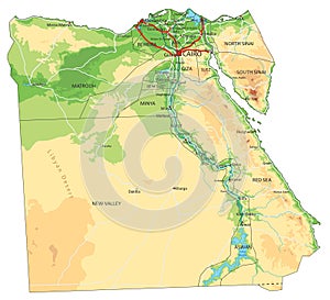 Detailed Egypt physical map with labeling.