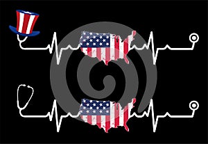 Stethoscope, Heart Beat pulse line with USA Flag Map