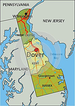 Detailed editable political map with separated layers. Delaware