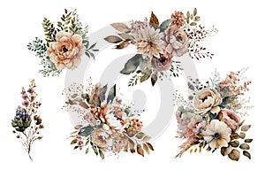Fall boho blossom floral clipart set of bouquets for wedding. Watercolor autumn bloom flowers arrangements on white background