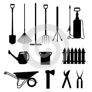 Set of differents garden tools silhouette vector illustration