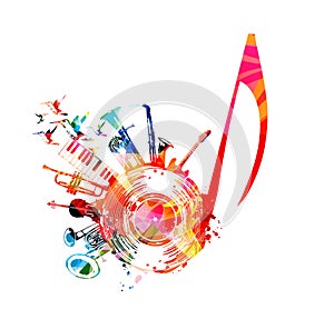 Colorful musical poster with quaver, LP vinyl record disc and musical instruments vector illustration photo
