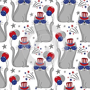 Cool cats in USA patriotic hat seamless childish pattern photo