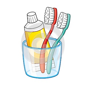 Toothbrushes and toothpaste in a cup