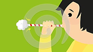 a girl blowing a whistle on a green background.