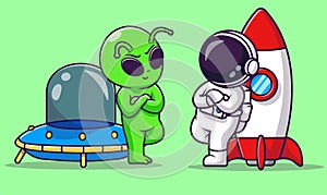 Cute astronaut alien holding helmet with spaceship ufo cartoon vector illustration. photo
