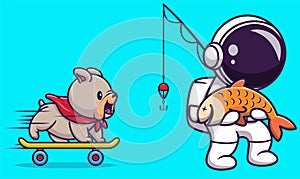 Cute astronaut fishing cartoon illustration. science sport concept photo