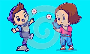 Free vector cute boy stepping on the rock cartoon vector icon illustration. people nature icon photo