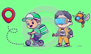 Cute boy playing vr game with robot cartoon vector icon illustration. people technology isolated photo