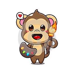 cute monkey painter cartoon vector illustration.