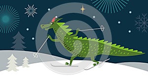 Cute green cartoon Dragon is skying. New Year 2024 of the Dragon on the eastern calendar. Horizontal banner